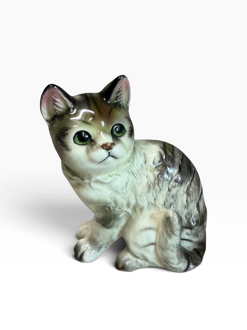 Vintage Ceramic Tabby Cat Figurine Green Eyes Gray White